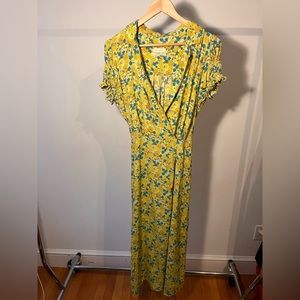 Puff Sleeve Retro Floral Wrap Around Midi